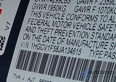 2018 Honda Accord Ex-L from USA, damaged, VIN 1HGCV1F58JA134615